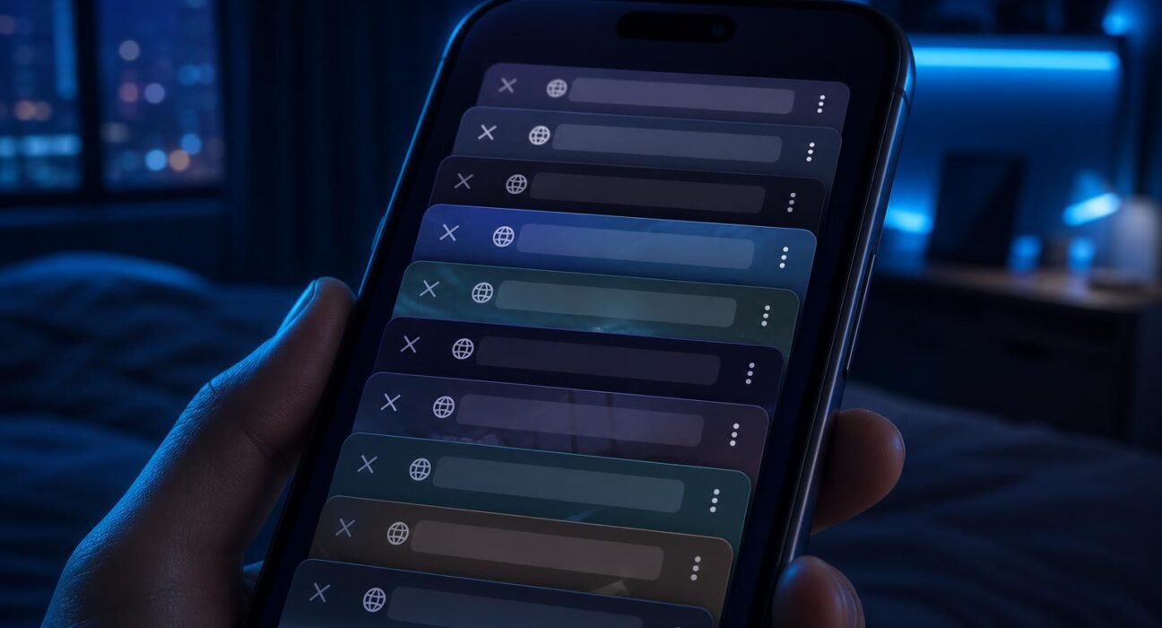 Ilustrasi layar ponsel dengan banyak tab alamat situs berbeda